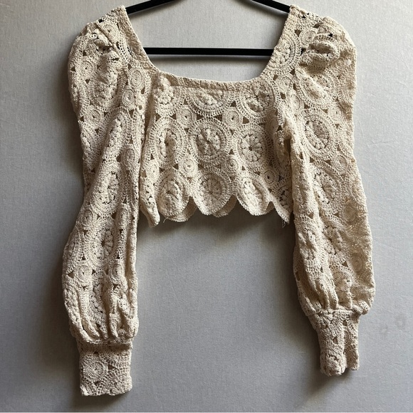 Zara Cream Crochet Women's Long Sleeve Top Sz S - Picture 2 of 8